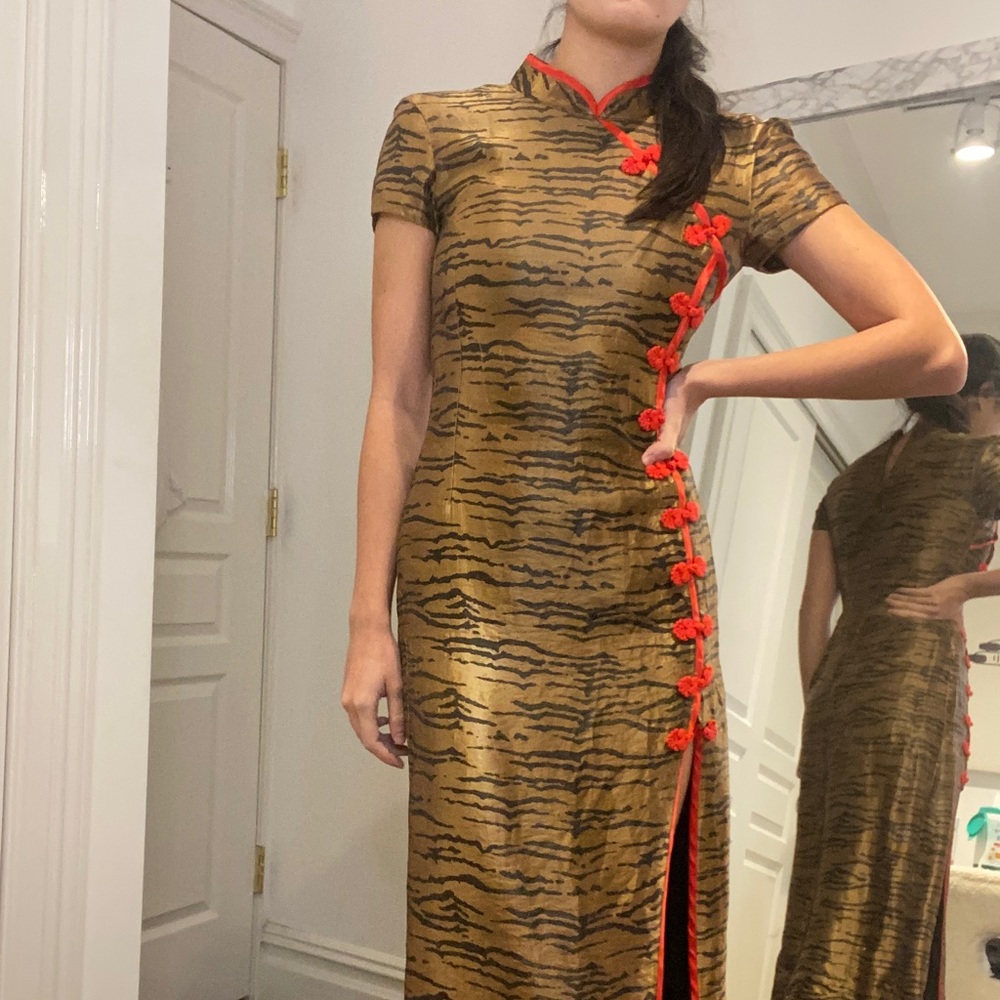 De La Vali Gold Tiger and Red Mock Neck Qi Pai inspired dress